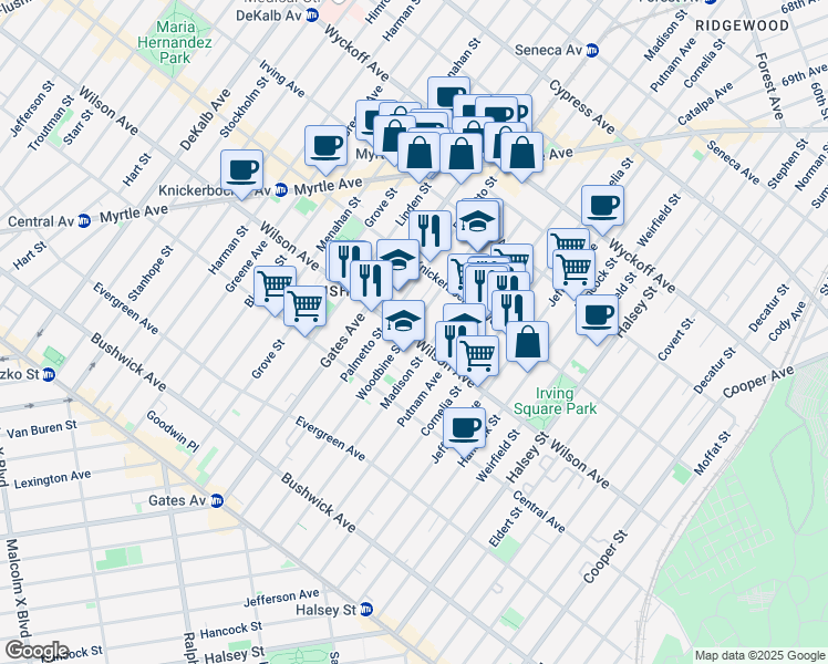 map of restaurants, bars, coffee shops, grocery stores, and more near 222 Woodbine Street in Brooklyn