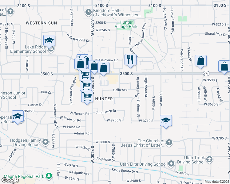 map of restaurants, bars, coffee shops, grocery stores, and more near 7092 Bello Avenue in West Valley City
