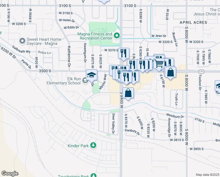 map of restaurants, bars, coffee shops, grocery stores, and more near 3581 Chandlery Place in Magna