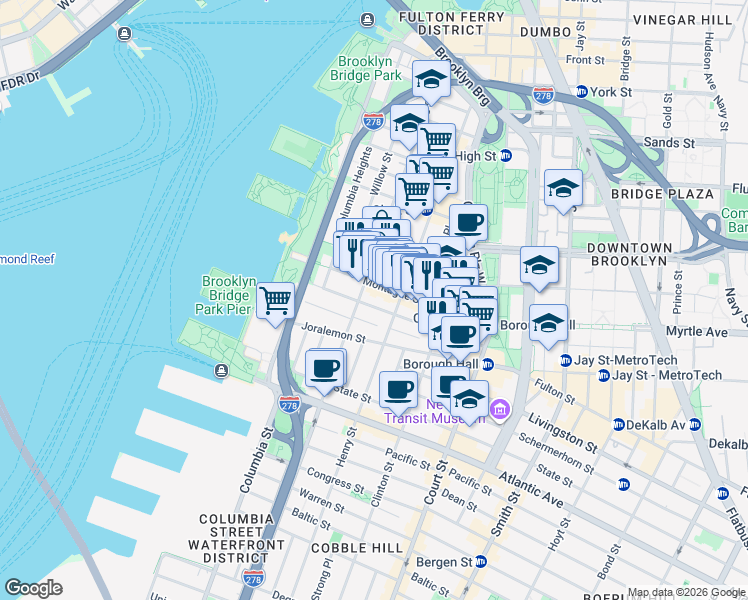 map of restaurants, bars, coffee shops, grocery stores, and more near 117 Montague Street in Brooklyn