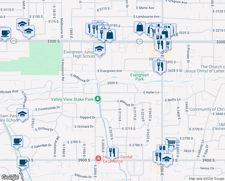map of restaurants, bars, coffee shops, grocery stores, and more near 2059 East Keller Lane in Salt Lake City