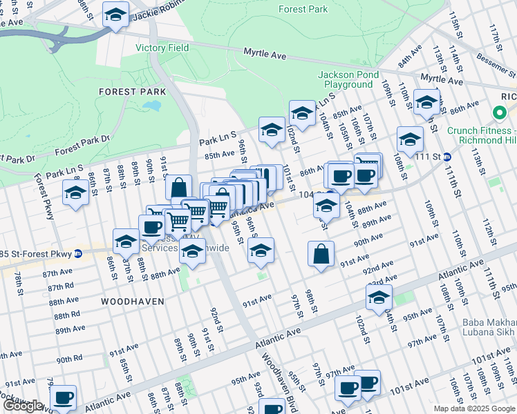 map of restaurants, bars, coffee shops, grocery stores, and more near 153 Jamaica Avenue in Queens