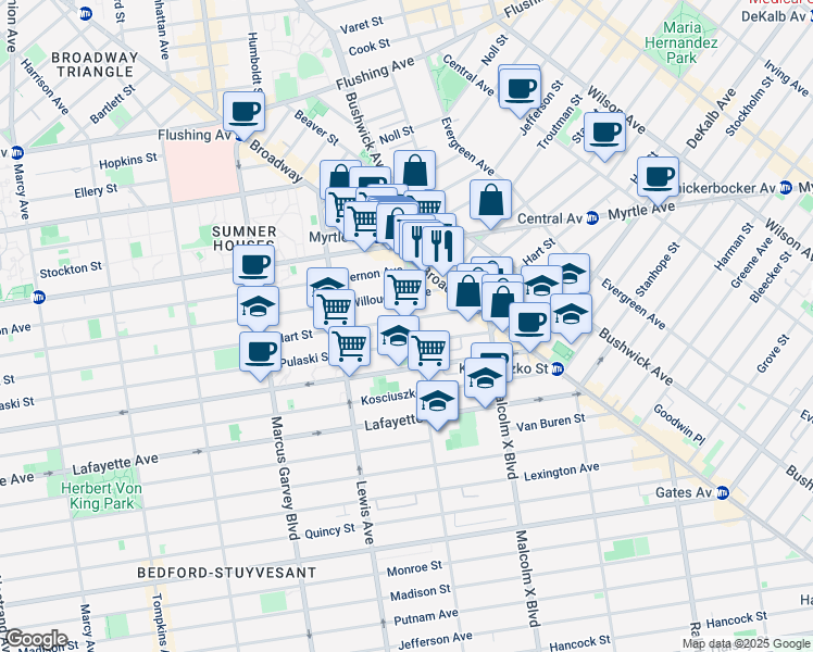 map of restaurants, bars, coffee shops, grocery stores, and more near 400 Hart Street in Brooklyn