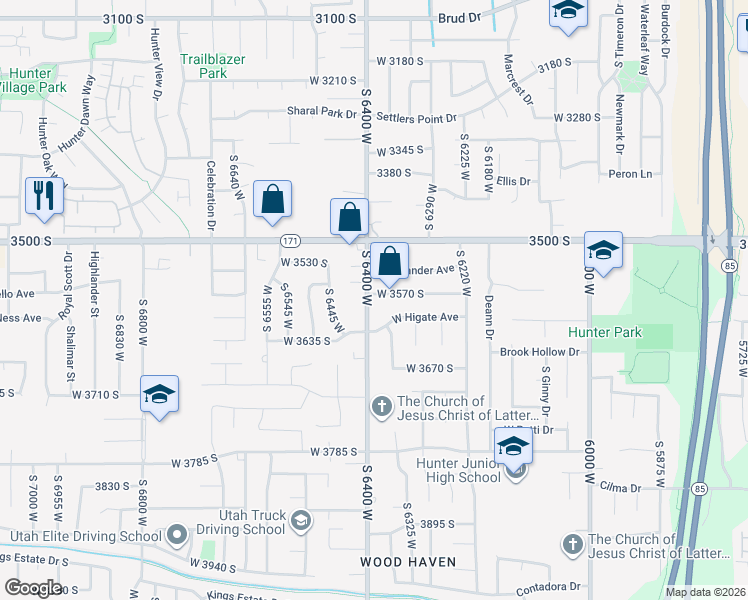 map of restaurants, bars, coffee shops, grocery stores, and more near 6389 West 3570 South in West Valley City