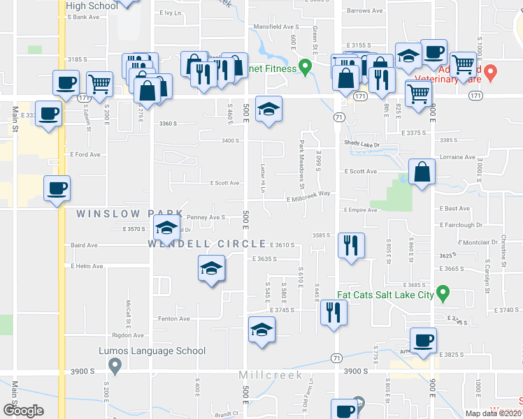 map of restaurants, bars, coffee shops, grocery stores, and more near 528 East Millcreek Way in South Salt Lake