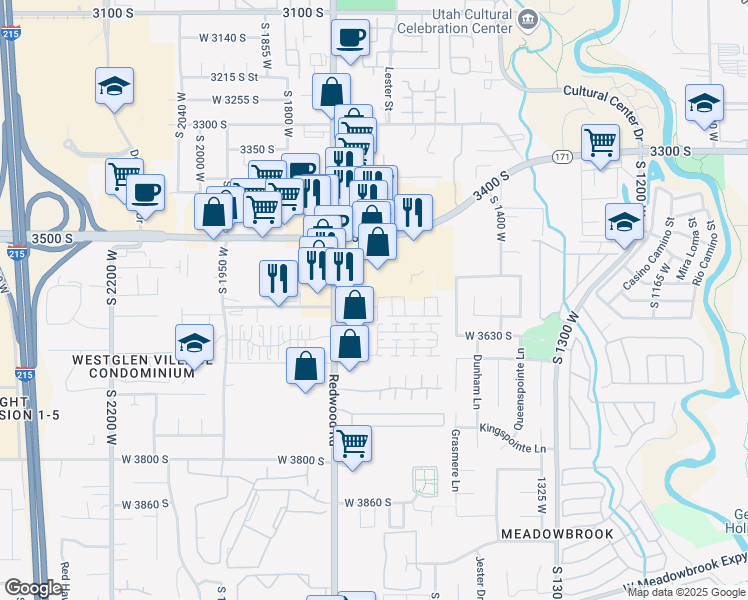 map of restaurants, bars, coffee shops, grocery stores, and more near 3565 South Redwood Road in West Valley City