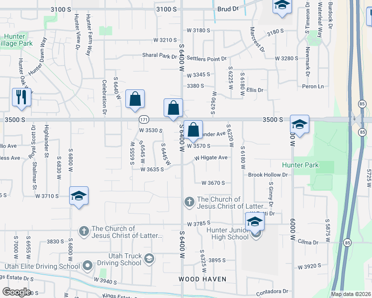 map of restaurants, bars, coffee shops, grocery stores, and more near 3566 South 6400 West in West Valley City