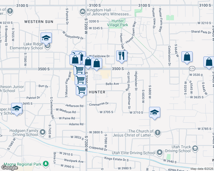 map of restaurants, bars, coffee shops, grocery stores, and more near 7092 Bello Avenue in West Valley City