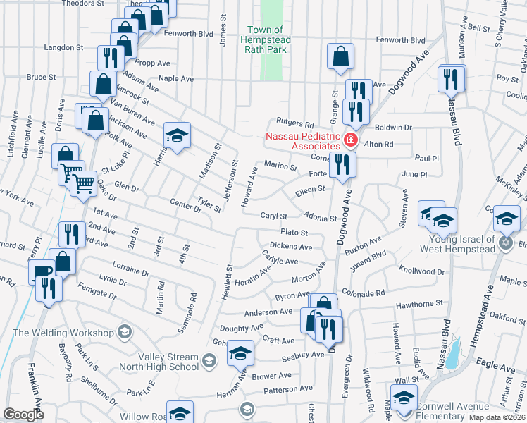 map of restaurants, bars, coffee shops, grocery stores, and more near 821 Forte Boulevard in Franklin Square