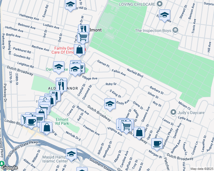 map of restaurants, bars, coffee shops, grocery stores, and more near 30 Ruby Street in Elmont