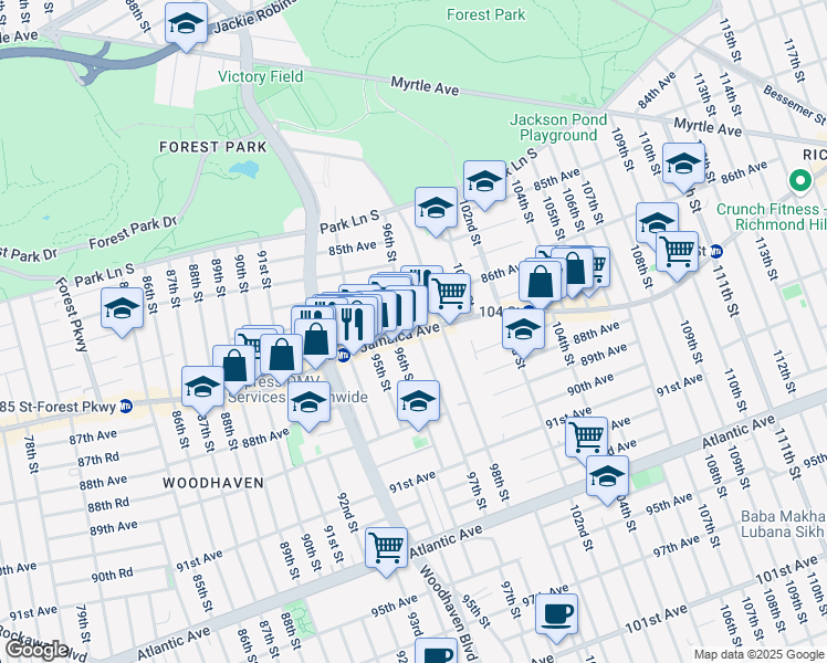 map of restaurants, bars, coffee shops, grocery stores, and more near 86-30 96th Street in Queens