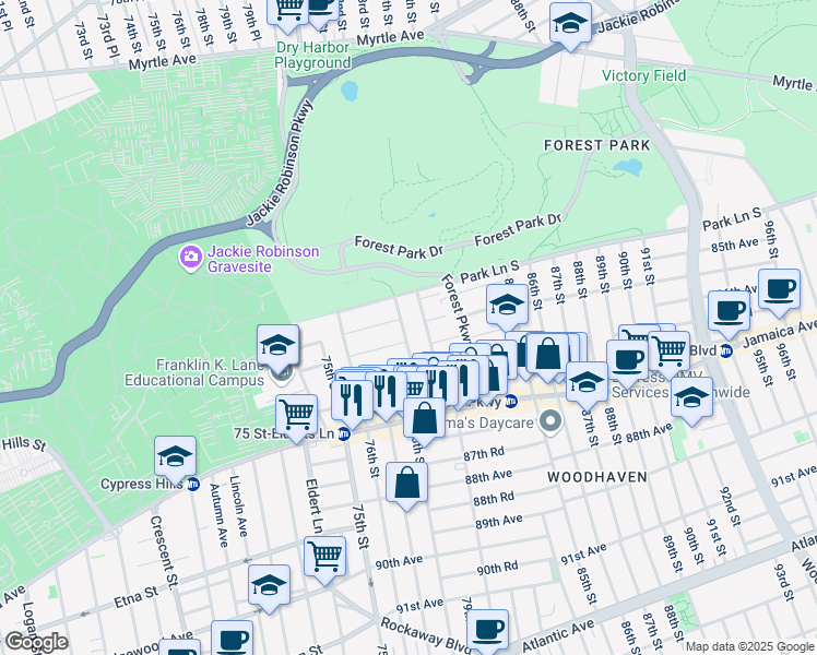 map of restaurants, bars, coffee shops, grocery stores, and more near 76-57 85th Road in Queens