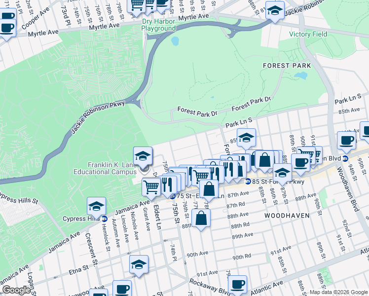 map of restaurants, bars, coffee shops, grocery stores, and more near 76-20 Park Lane South in Queens