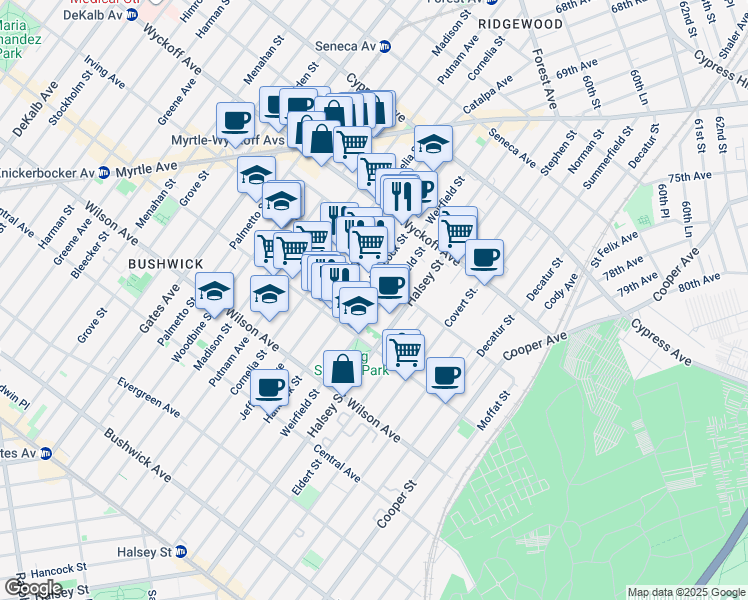 map of restaurants, bars, coffee shops, grocery stores, and more near 490 Irving Avenue in Brooklyn