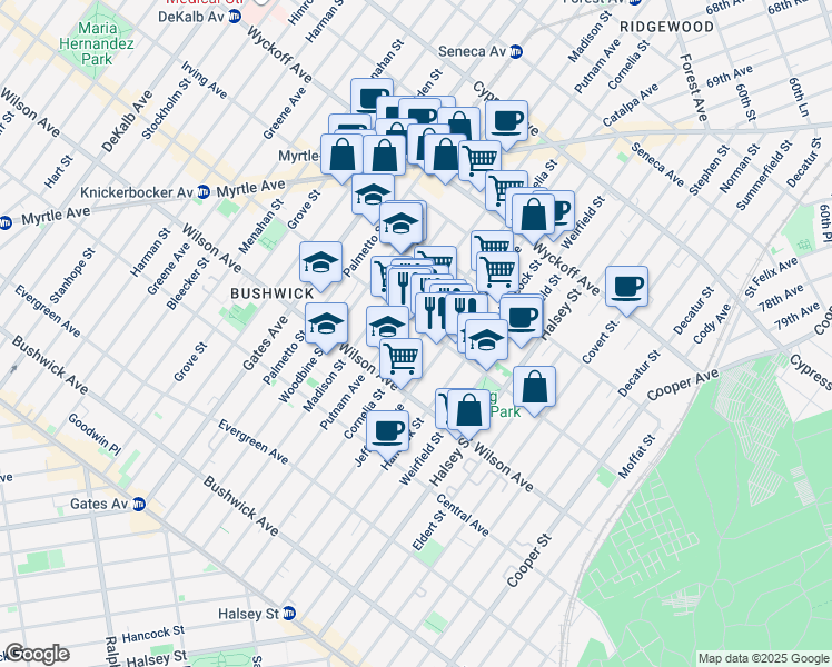 map of restaurants, bars, coffee shops, grocery stores, and more near 685 Knickerbocker Avenue in Brooklyn