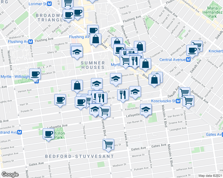 map of restaurants, bars, coffee shops, grocery stores, and more near 80 Lewis Avenue in Brooklyn