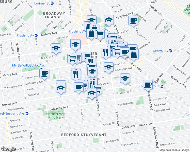 map of restaurants, bars, coffee shops, grocery stores, and more near 734 Willoughby Avenue in Brooklyn