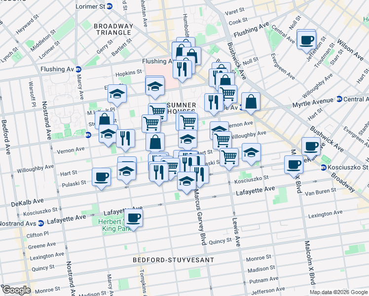 map of restaurants, bars, coffee shops, grocery stores, and more near 701 Willoughby Avenue in Brooklyn