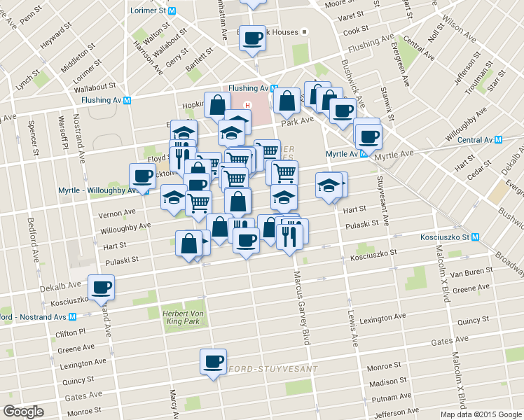 map of restaurants, bars, coffee shops, grocery stores, and more near 671 Willoughby Avenue in Brooklyn