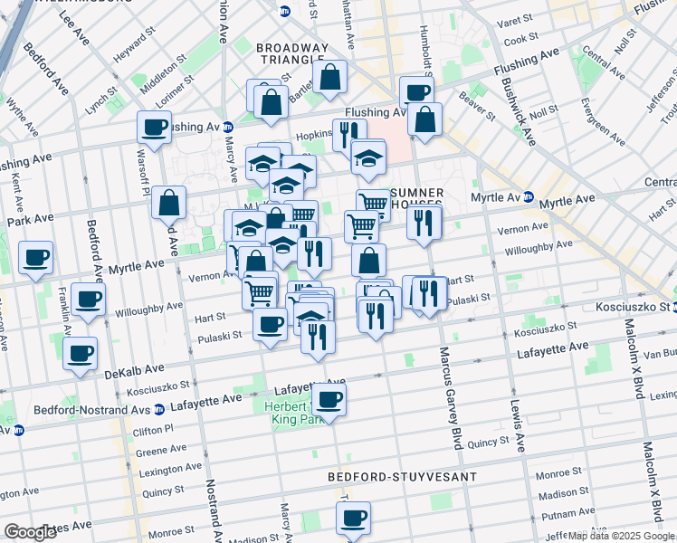 map of restaurants, bars, coffee shops, grocery stores, and more near 160 Vernon Avenue in Brooklyn