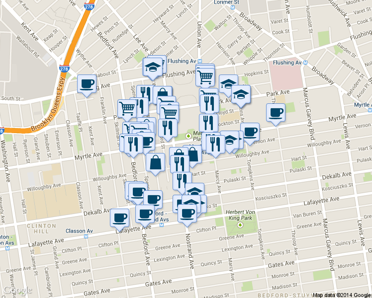 map of restaurants, bars, coffee shops, grocery stores, and more near 774 Myrtle Avenue in Brooklyn