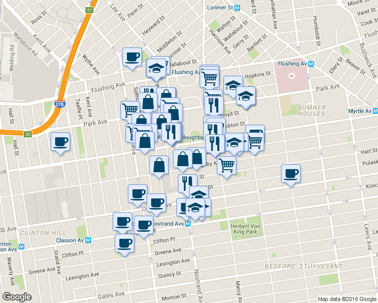 map of restaurants, bars, coffee shops, grocery stores, and more near 774 Myrtle Avenue in Brooklyn