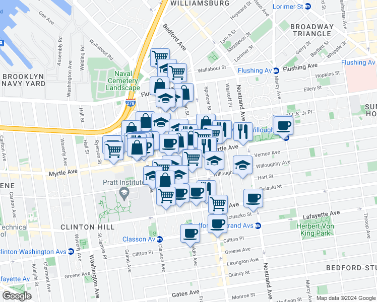 map of restaurants, bars, coffee shops, grocery stores, and more near 112 Skillman Street in Brooklyn