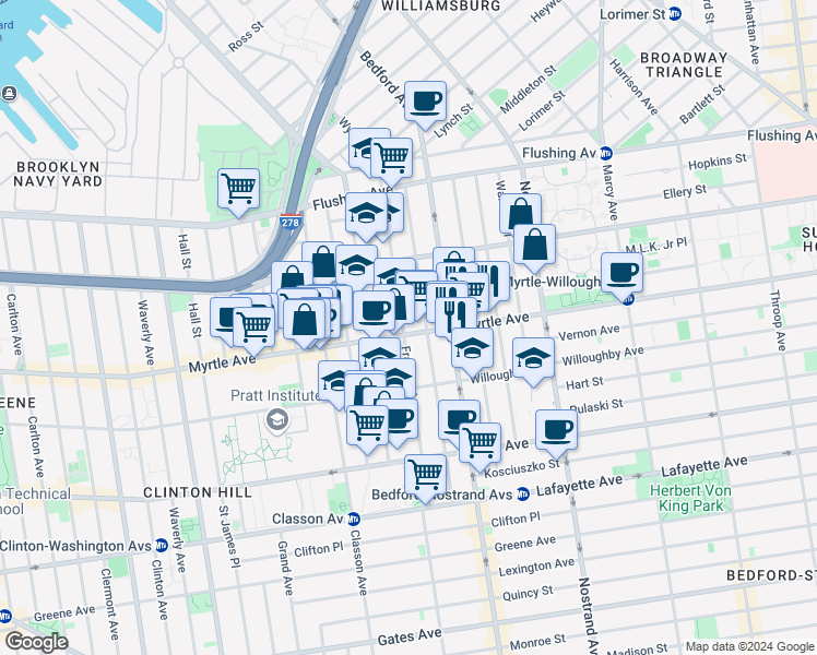 map of restaurants, bars, coffee shops, grocery stores, and more near 112 Skillman Street in Brooklyn
