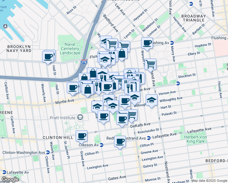 map of restaurants, bars, coffee shops, grocery stores, and more near 112 Skillman Street in Brooklyn
