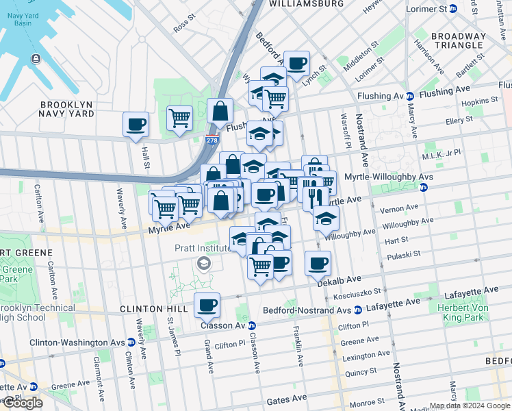 map of restaurants, bars, coffee shops, grocery stores, and more near 853 Kent Avenue in Brooklyn