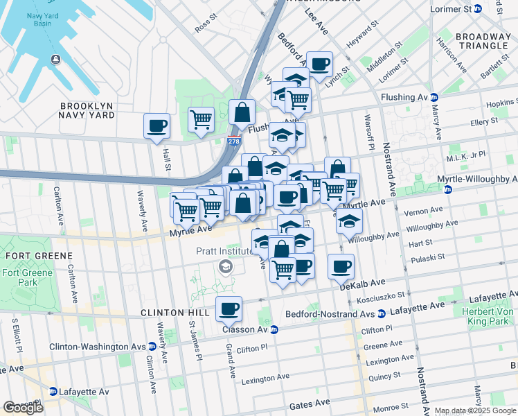 map of restaurants, bars, coffee shops, grocery stores, and more near 121 Taaffe Place in Brooklyn