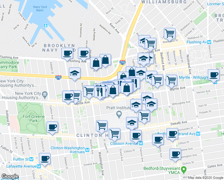 map of restaurants, bars, coffee shops, grocery stores, and more near 84 Steuben Street in Brooklyn
