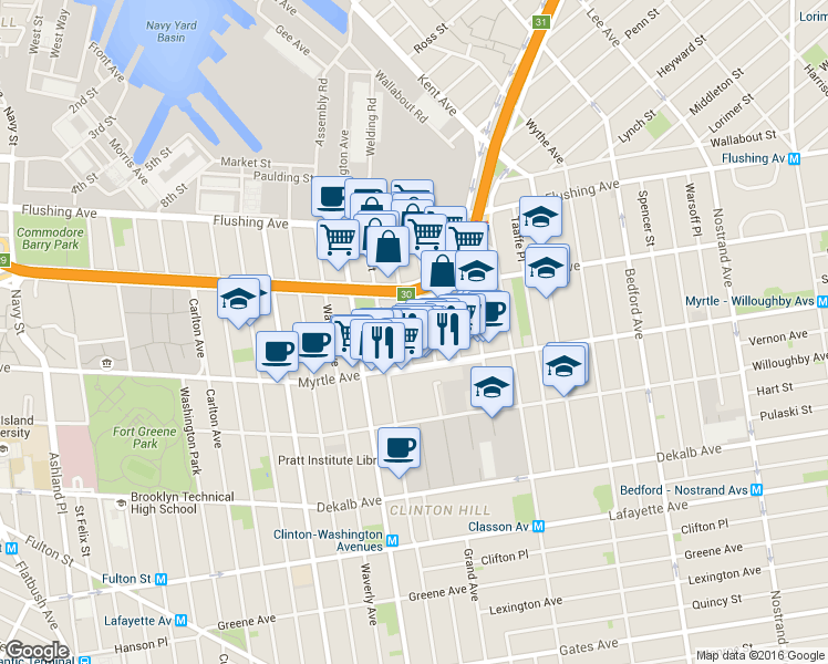 map of restaurants, bars, coffee shops, grocery stores, and more near 90 Ryerson Street in Brooklyn