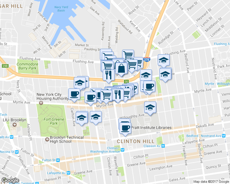 map of restaurants, bars, coffee shops, grocery stores, and more near 90 Hall Street in Brooklyn