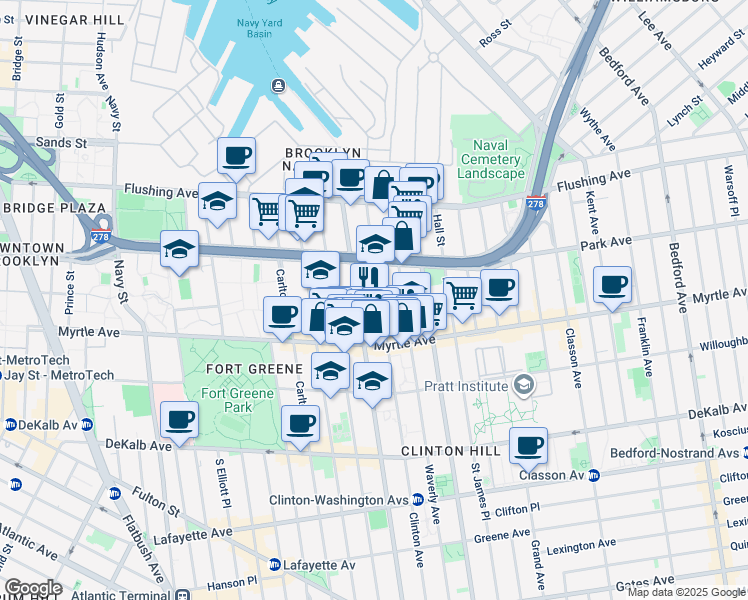 map of restaurants, bars, coffee shops, grocery stores, and more near 86 Clinton Avenue in Brooklyn