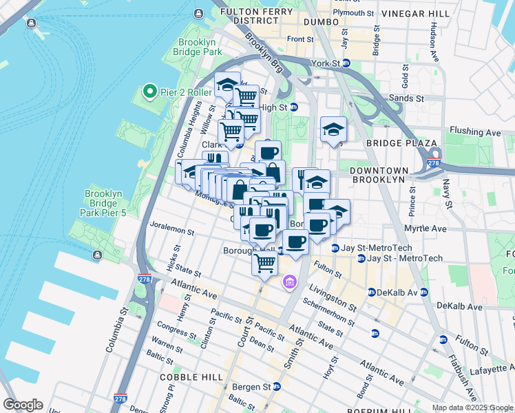 map of restaurants, bars, coffee shops, grocery stores, and more near 134 Pierrepont Street in Brooklyn