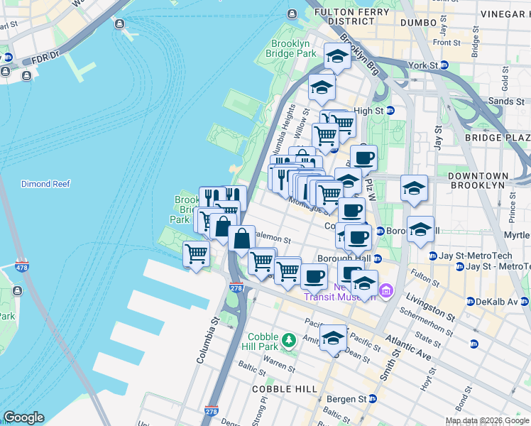 map of restaurants, bars, coffee shops, grocery stores, and more near in Brooklyn