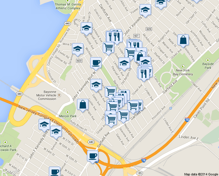 map of restaurants, bars, coffee shops, grocery stores, and more near 68 Bartholdi Avenue in Jersey City