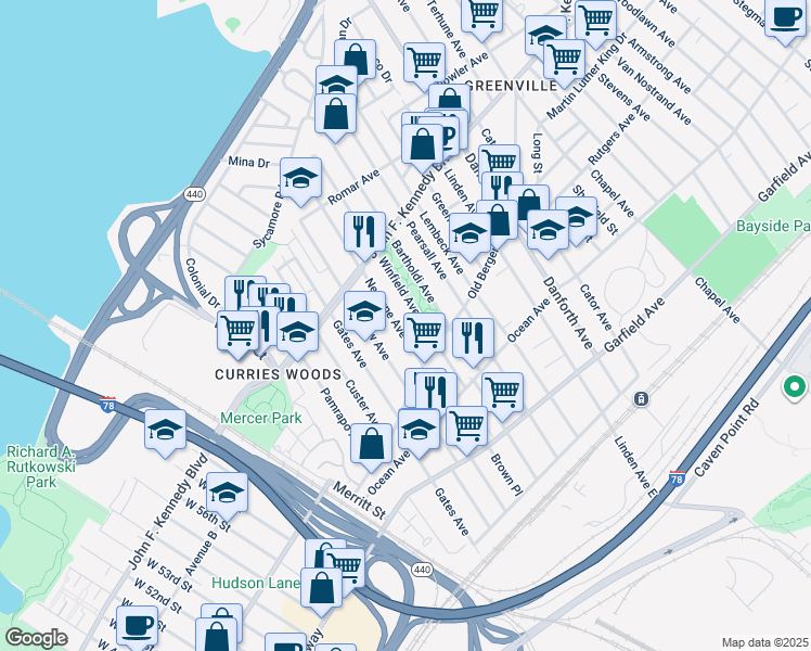 map of restaurants, bars, coffee shops, grocery stores, and more near 190 Neptune Avenue in Jersey City