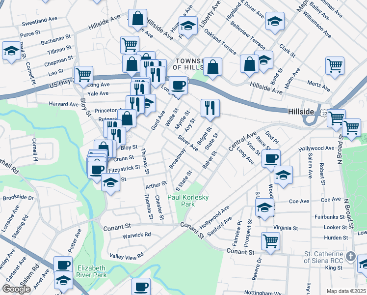 map of restaurants, bars, coffee shops, grocery stores, and more near in Hillside