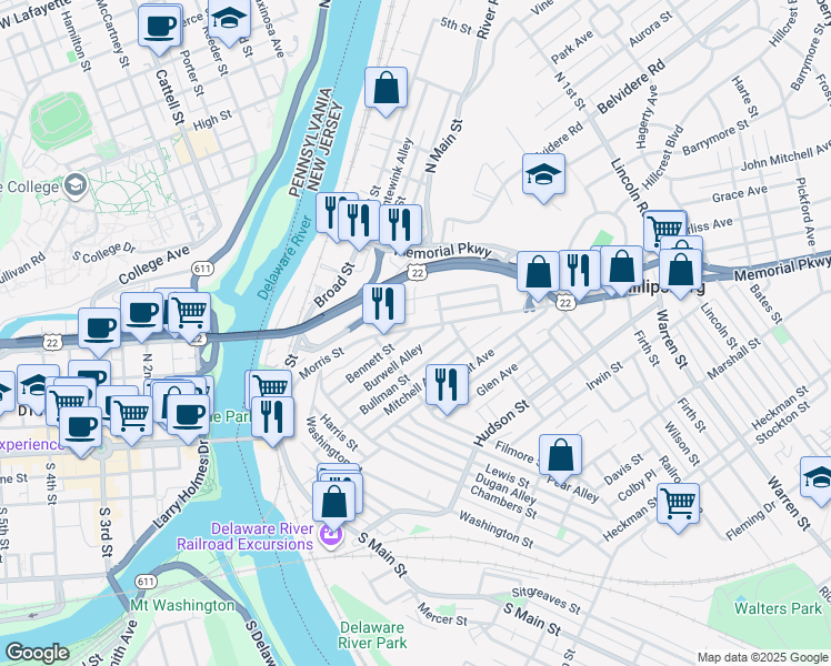 map of restaurants, bars, coffee shops, grocery stores, and more near 211 Morris Street in Phillipsburg