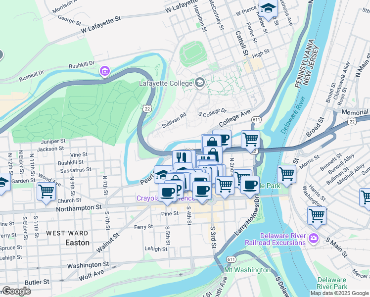 map of restaurants, bars, coffee shops, grocery stores, and more near 400-402 Bushkill Dr in Easton