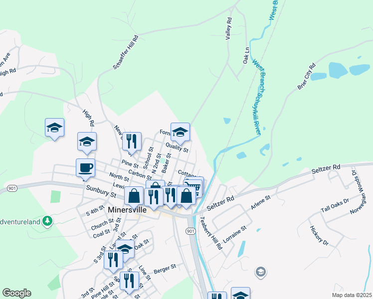 map of restaurants, bars, coffee shops, grocery stores, and more near 5 Quality Street in Minersville