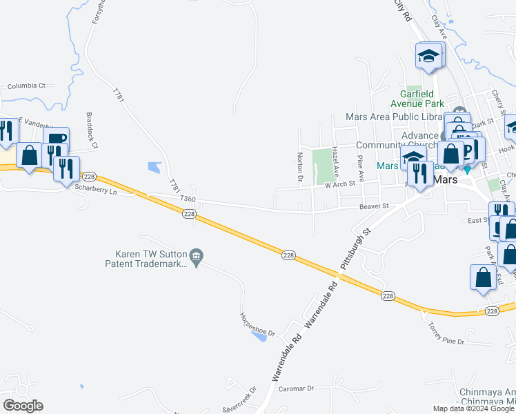 map of restaurants, bars, coffee shops, grocery stores, and more near 526 Beaver Street Extension in Zelienople