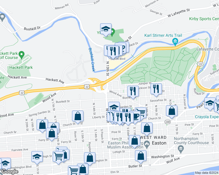 map of restaurants, bars, coffee shops, grocery stores, and more near 405 North 13th Street in Easton