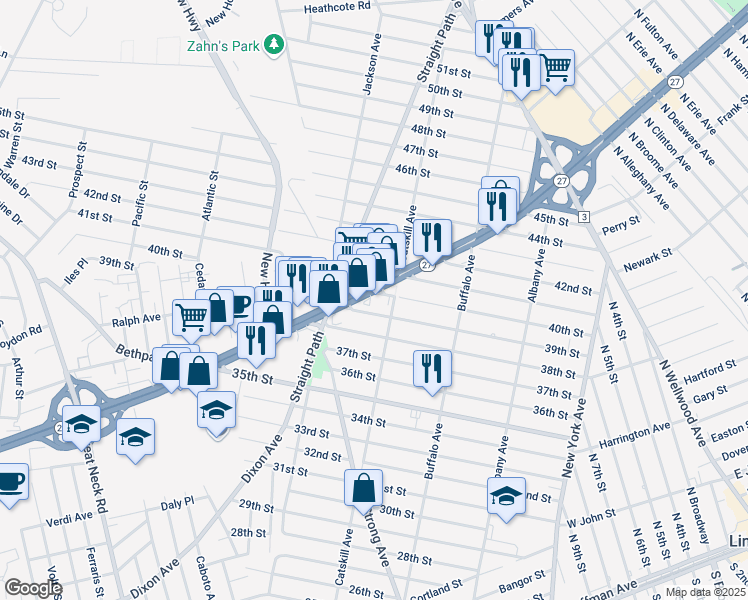 map of restaurants, bars, coffee shops, grocery stores, and more near 146a New York 27 in Lindenhurst