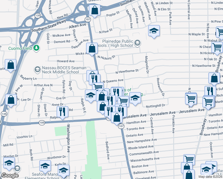 map of restaurants, bars, coffee shops, grocery stores, and more near 4 Frank Court in Massapequa