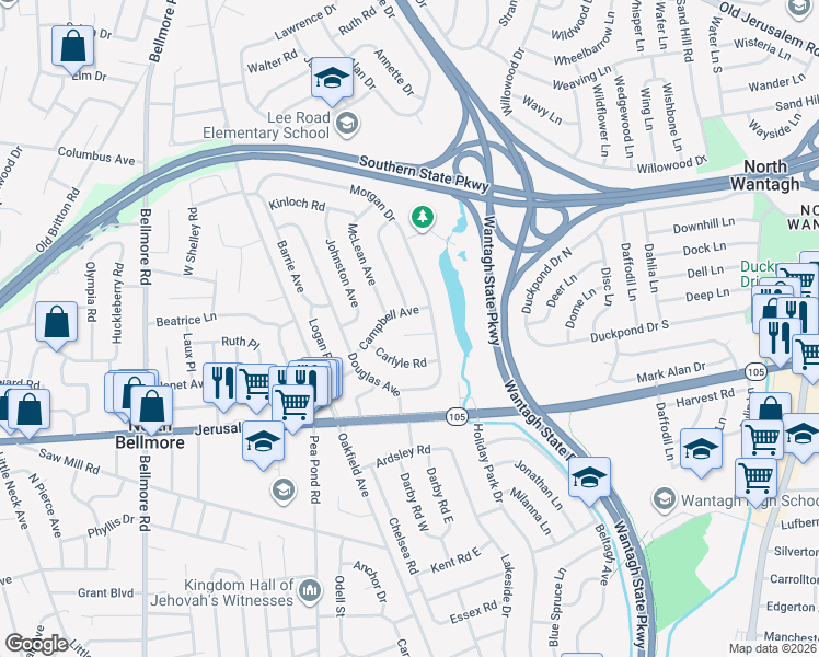 map of restaurants, bars, coffee shops, grocery stores, and more near 2927 Campbell Avenue in Wantagh