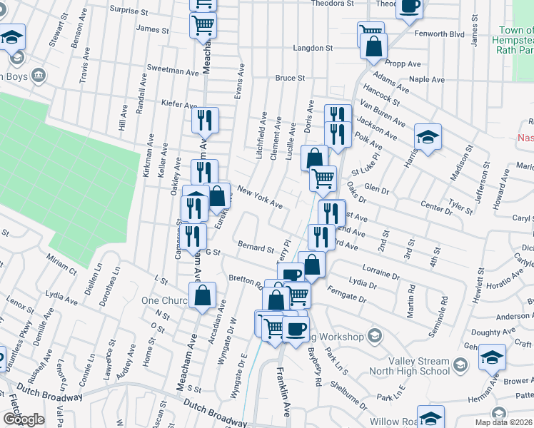 map of restaurants, bars, coffee shops, grocery stores, and more near 1231 New York Avenue in Elmont