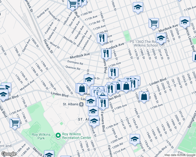 map of restaurants, bars, coffee shops, grocery stores, and more near 190-20 Quencer Road in Queens